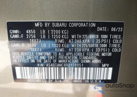 2024 Subaru Outback Limited from USA, damaged, VIN 4S4BTANC8R3128051